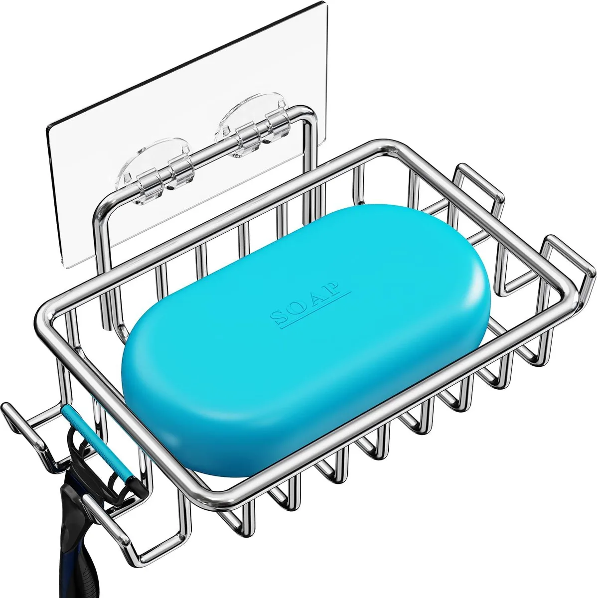 Stainless steel adhesive soap dish with four hooks