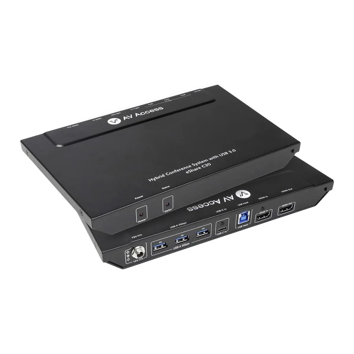 Black rectangular docking station with USB-C, HDMI and three USB 3.0 ports, mounting brackets and lockable cables