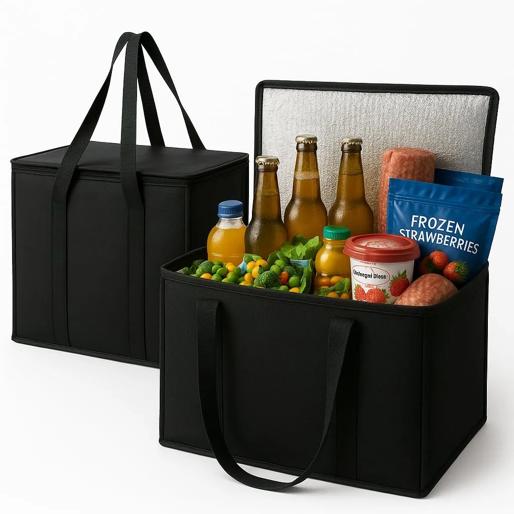 Two black insulated tote bags with zippered tops, collapsible, shown side by side