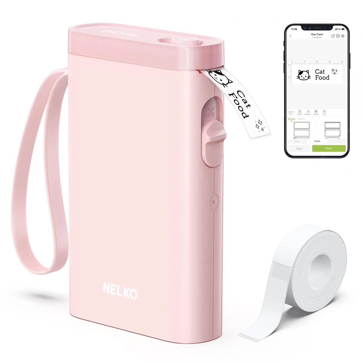 Pink compact label printer with rounded edges and a smooth matte finish