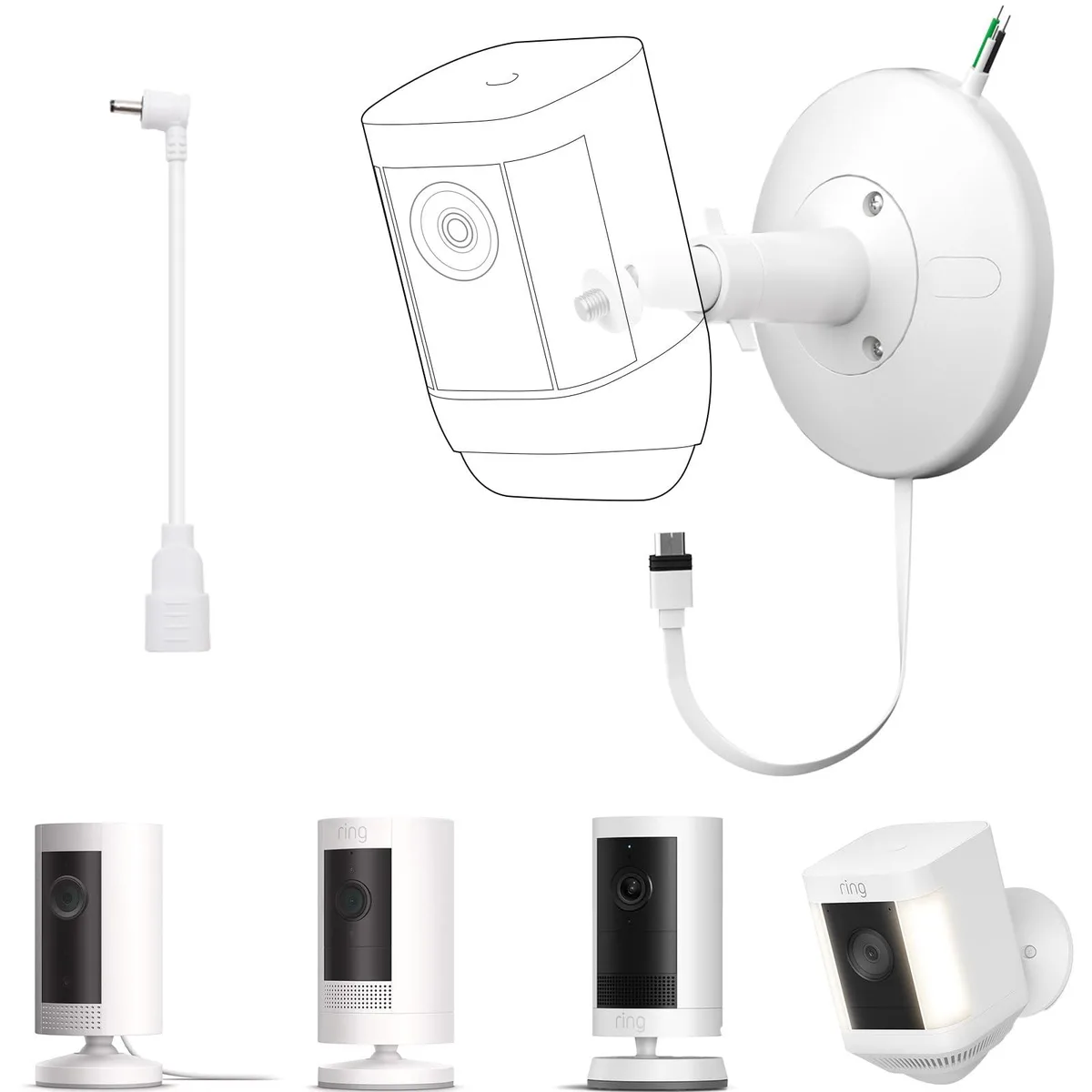 White IP67 hardwired charging dock and adjustable mount for Ring cameras