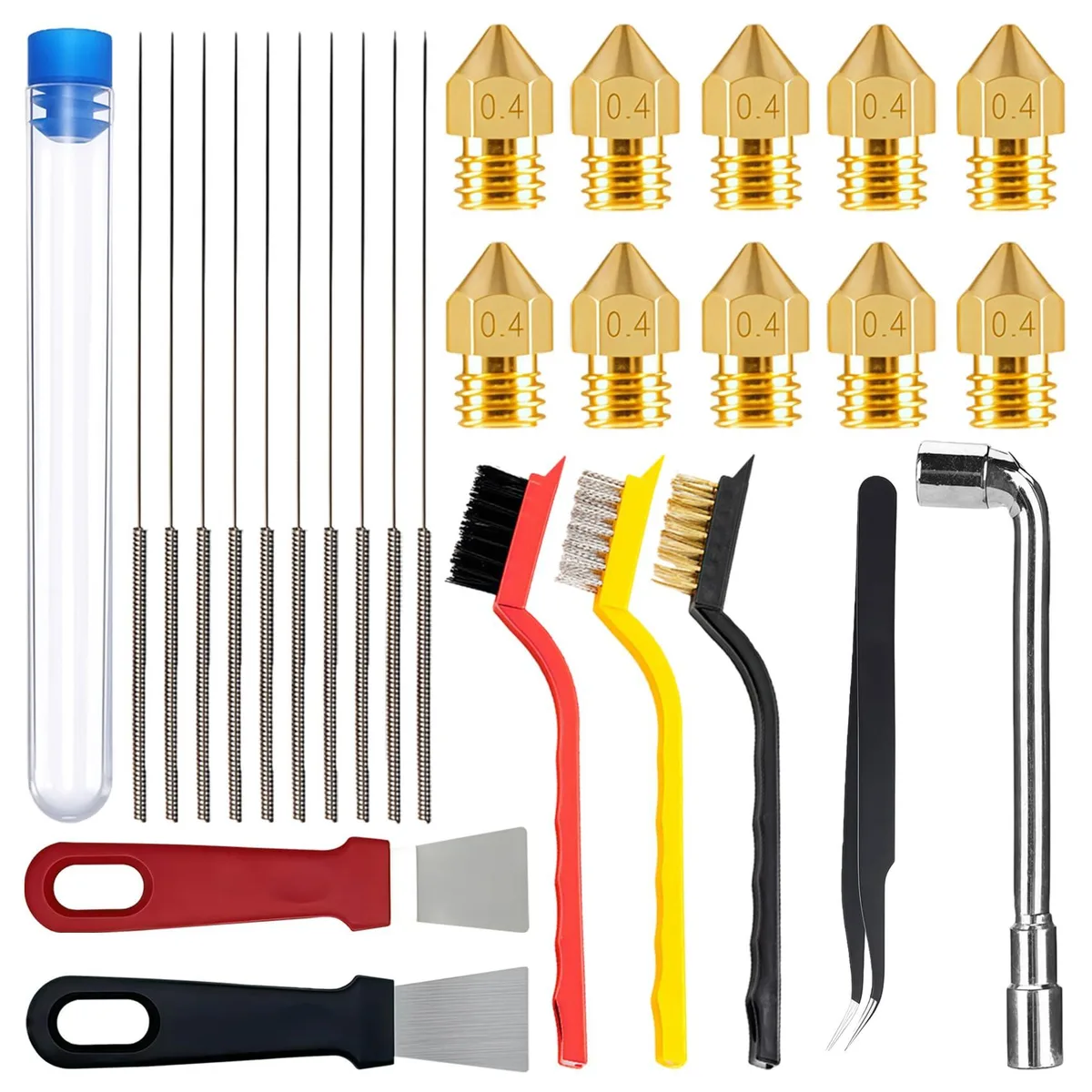 28-piece 3D printer nozzle cleaning kit with brass nozzles, steel needles, brushes and tools