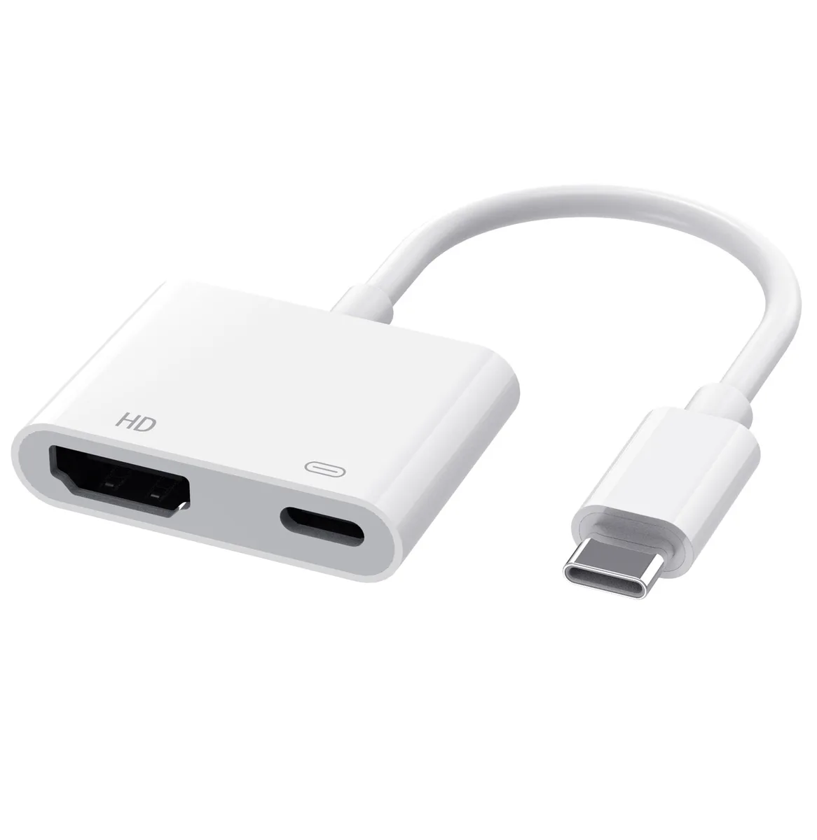 Small black USB-C adapter with HDMI and PD ports, 10 cm cable