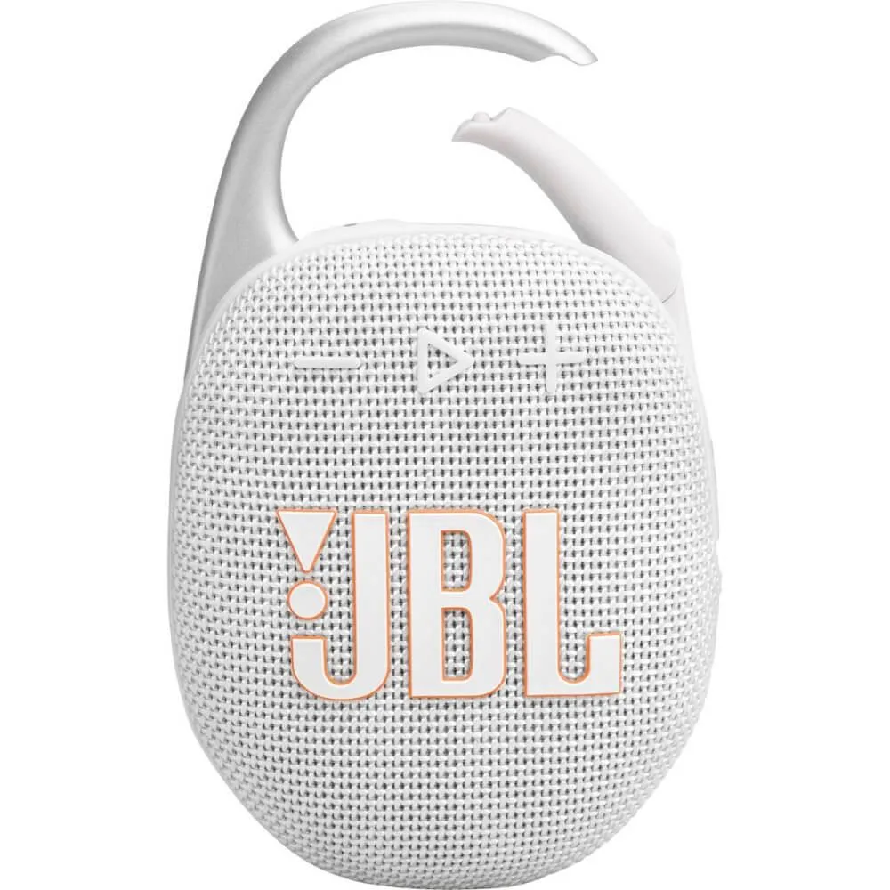 Small white Bluetooth speaker with integrated carabiner clip