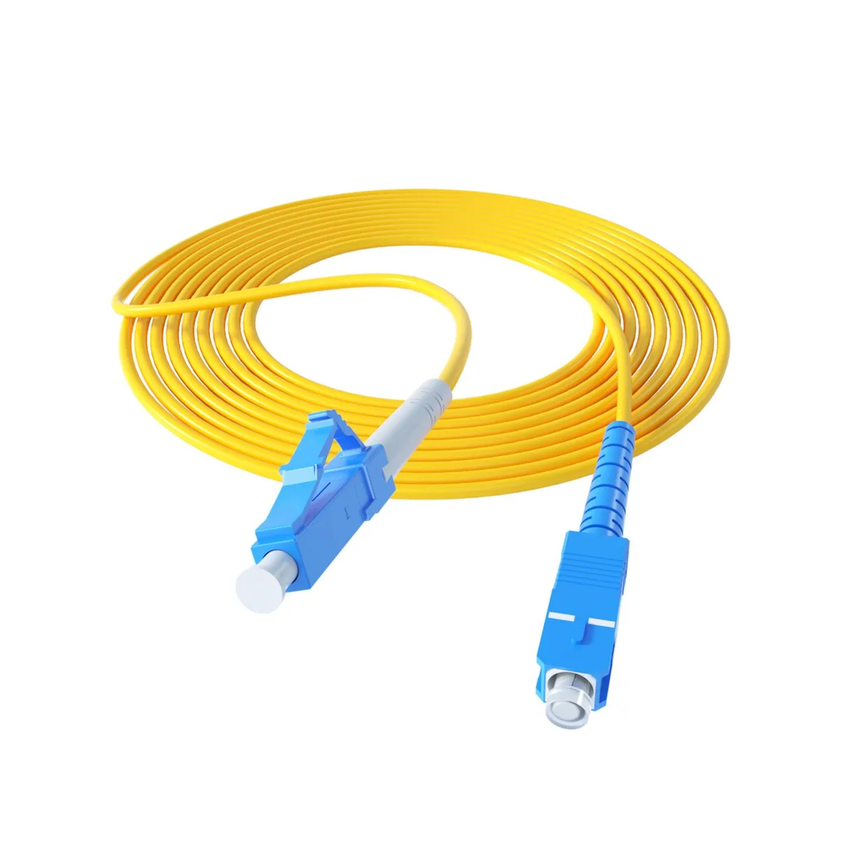 Yellow single-mode fiber patch cable with SC and LC connectors