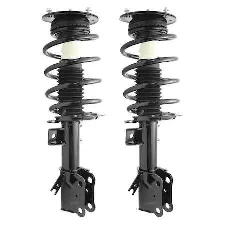 Pair of silver front strut assemblies with coiled springs and top mounts