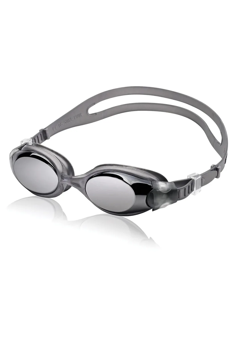 Red mirrored swim goggles with one-piece soft frame and split silicone straps
