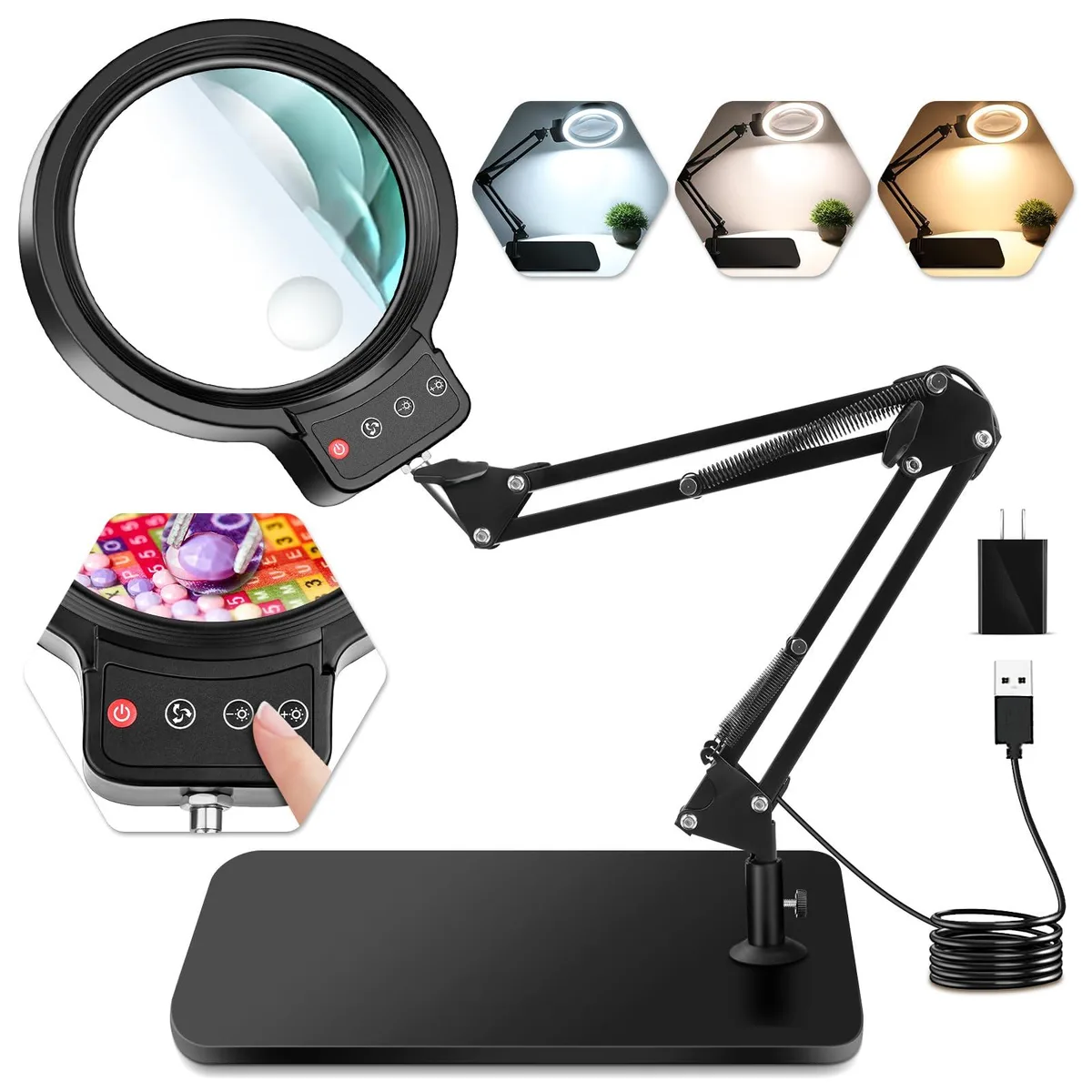 Black acrylic magnifier with light stand and flexible arm, twelve pack