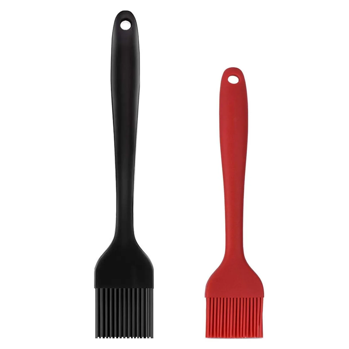 Two silicone basting brushes, one large red and one small black, seamless handles with steel cores