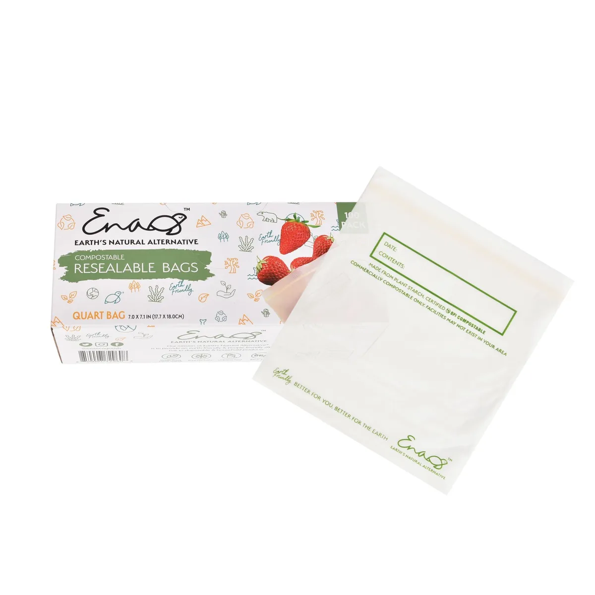 A box of 100 off-white quart-size resealable bags made from corn starch