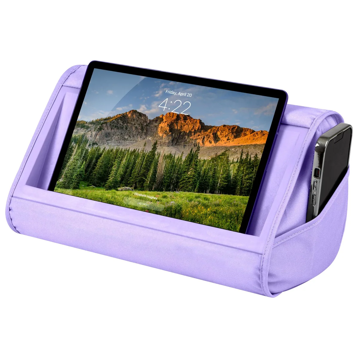 Purple amethyst plush tablet pillow stand with 11 inch slot