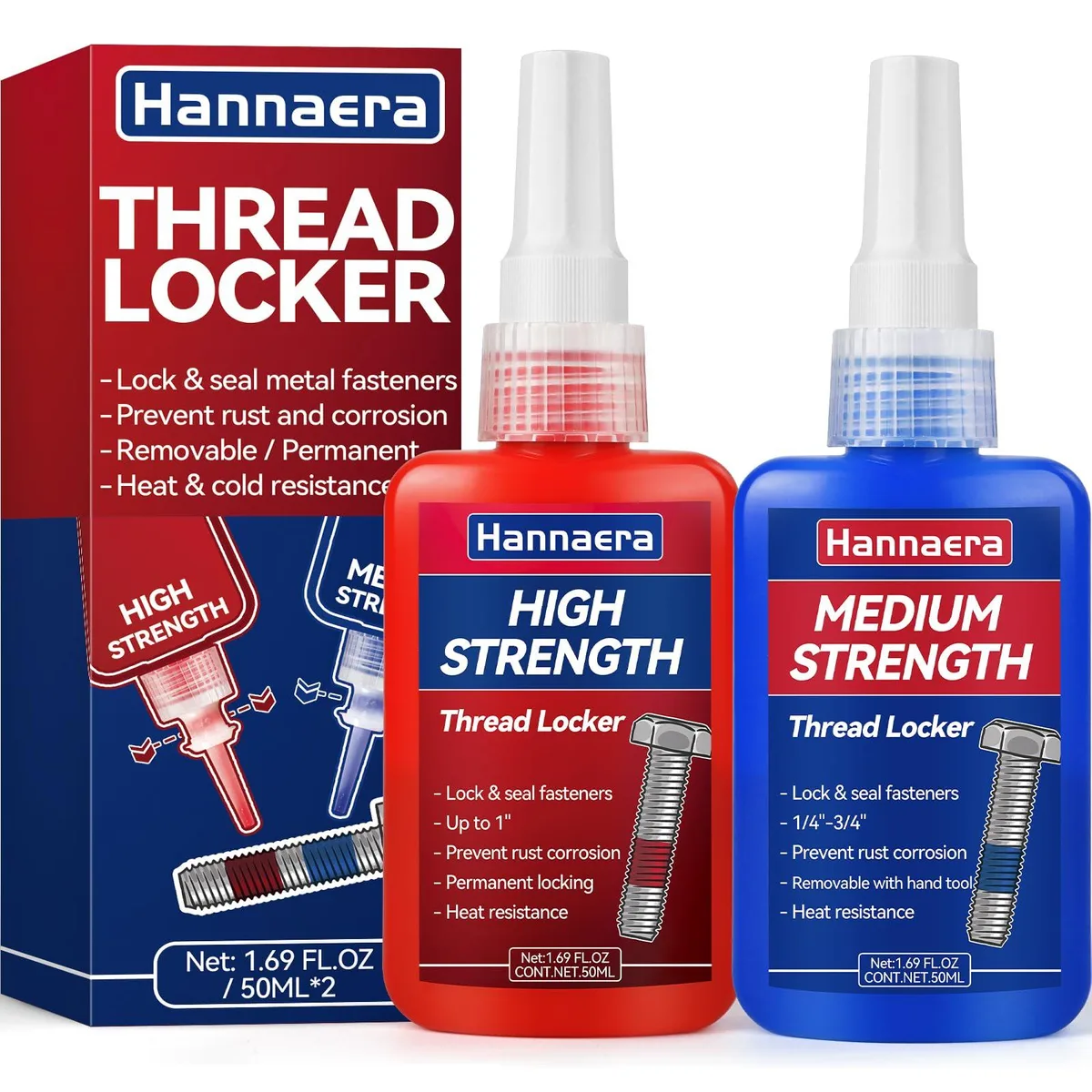 Two 50 ml bottles of blue and red threadlocker liquid