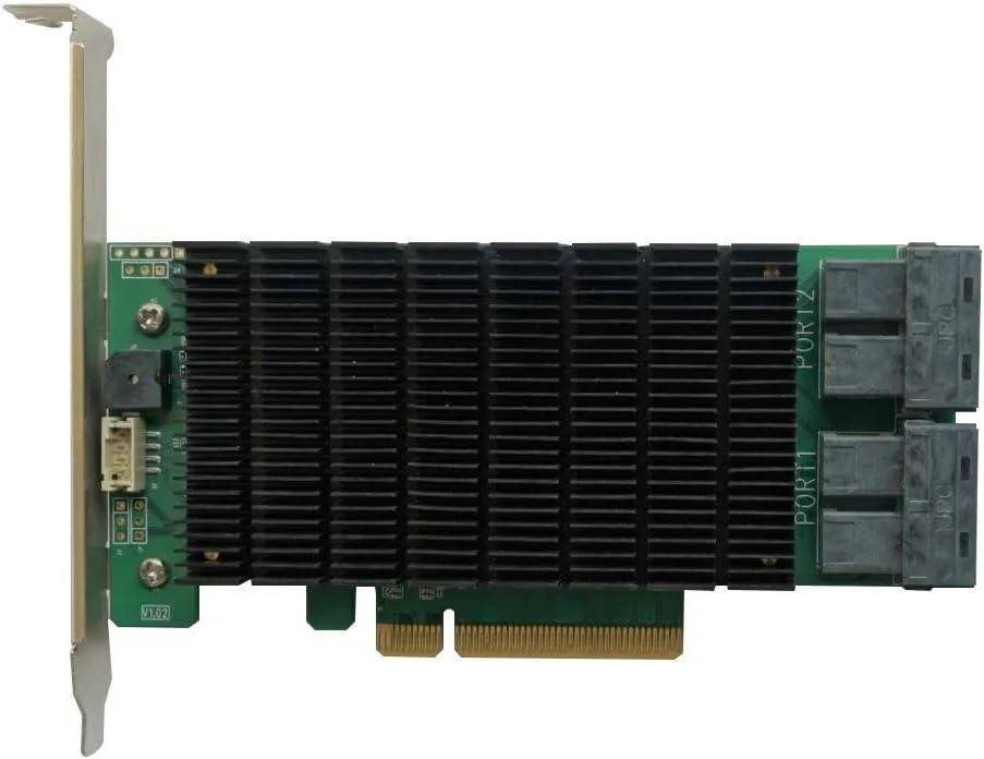 Green circuit board with four silver SFF-8643 connectors and gold PCIe edge connector