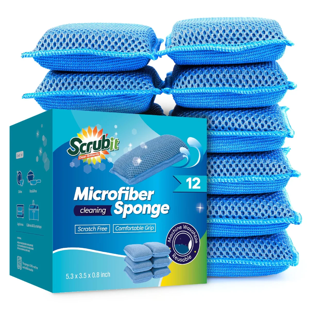 Twelve blue microfiber scrubber sponges in a pack