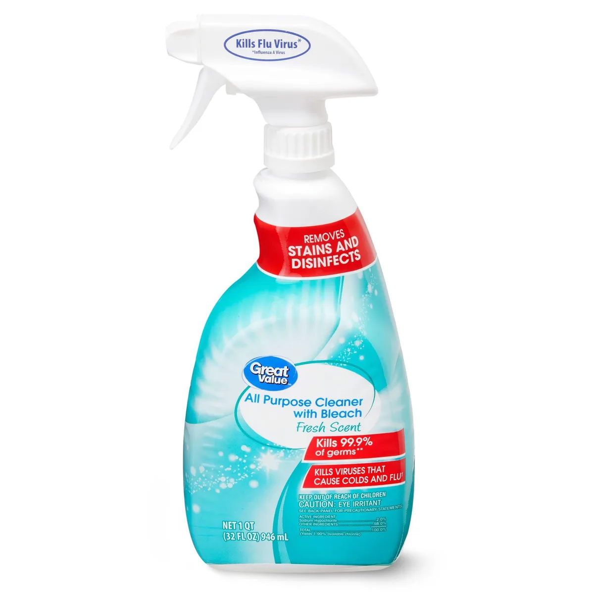 None Continuous None Continuous Great Value All Purpose Cleaner with Bleach Fresh Scent 32 fl oz solvent — product photo