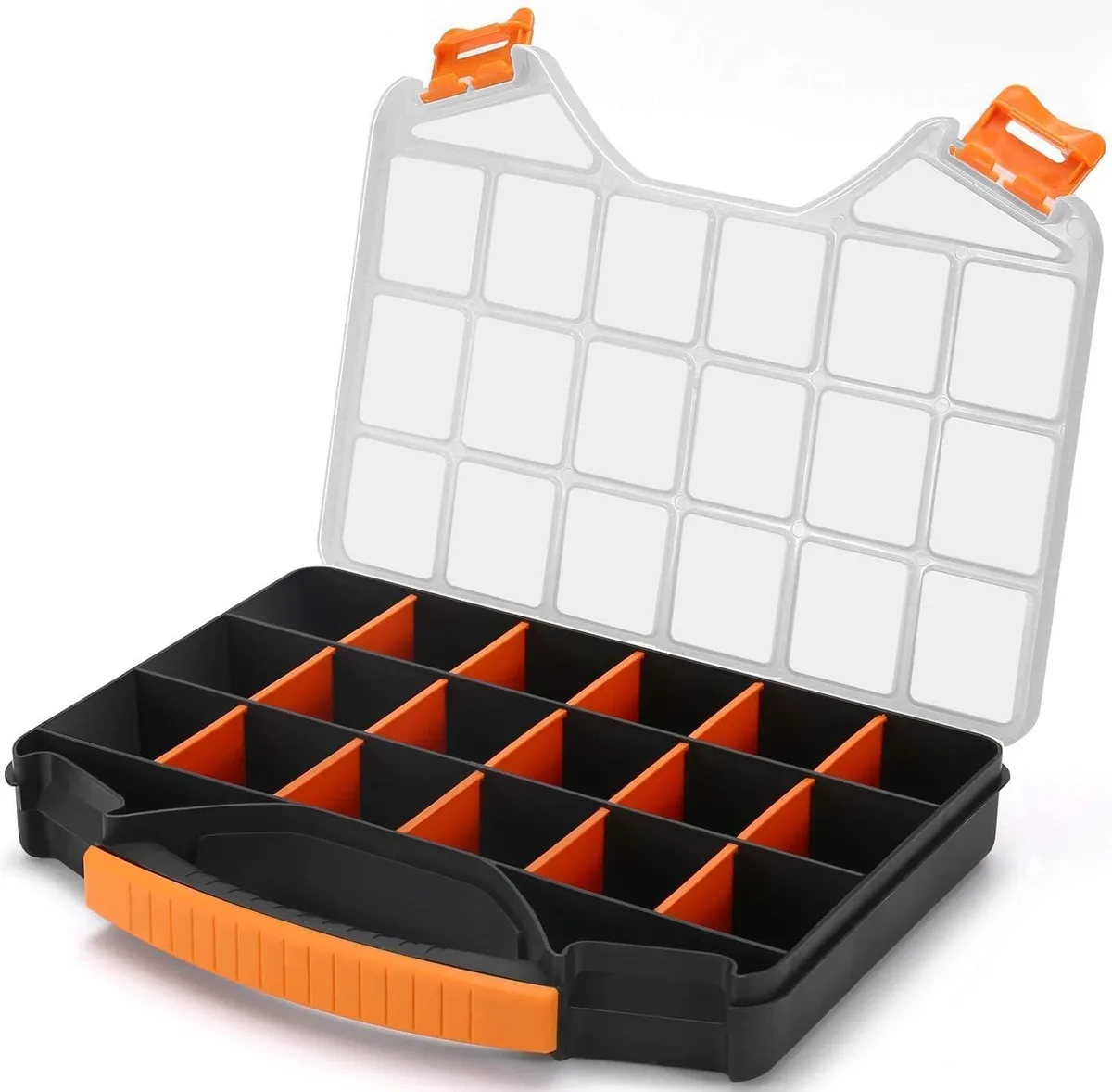 Blue transparent plastic tool box with 18 compartments and hinged lid