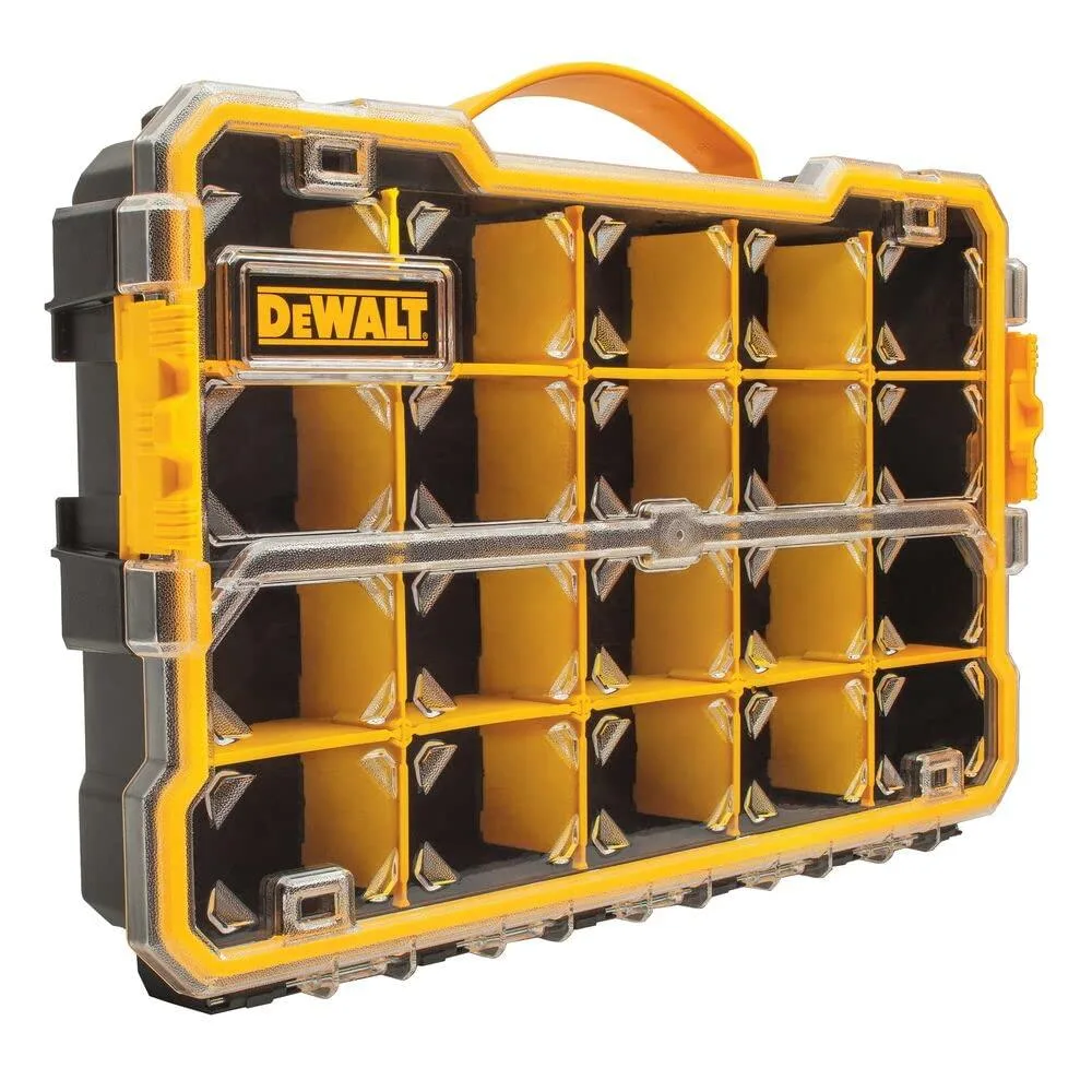 Black plastic tool organiser with transparent lid and carry handle, 20 removable compartments, side latches for stacking