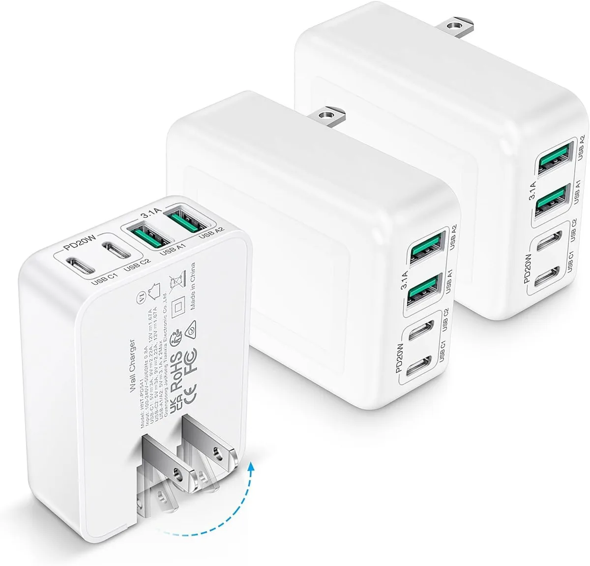 ONITOON ONITOON 3-Pack 40W 4-Port USB-C Charger Flat Foldable Plug — product photo