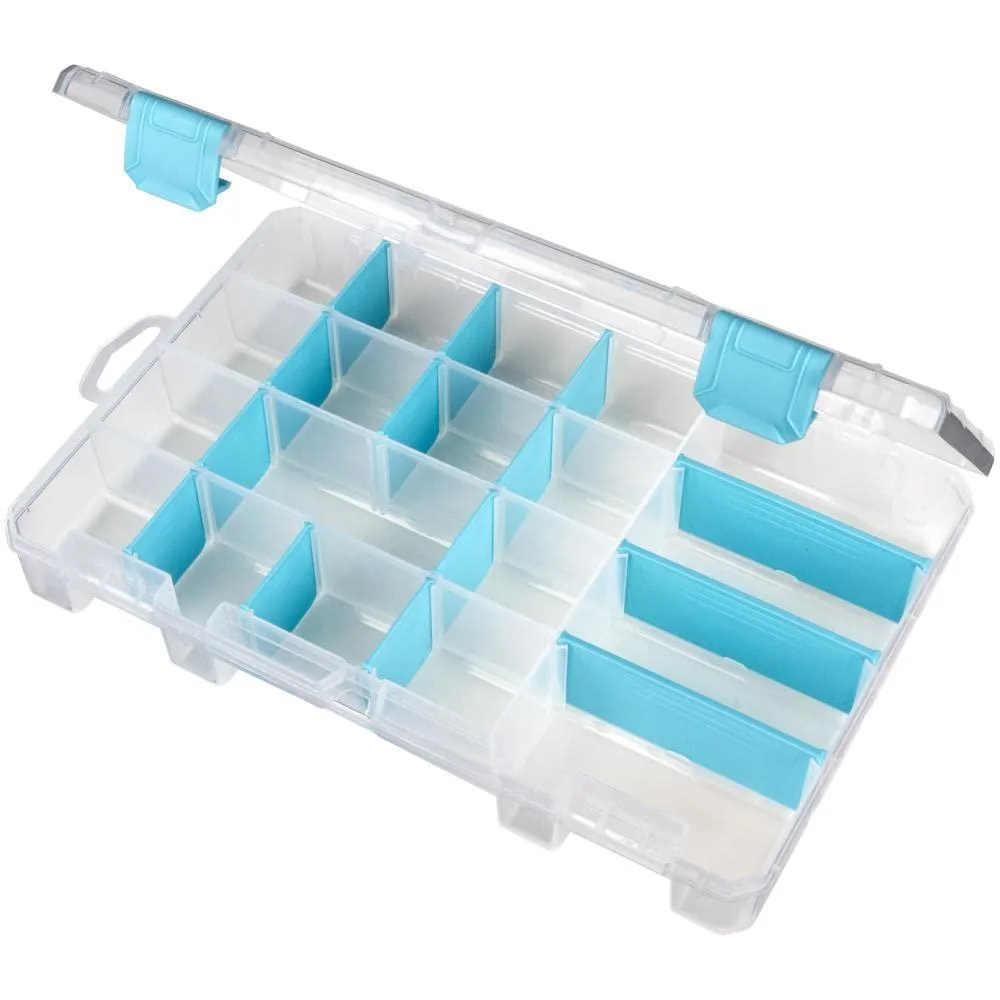 Clear rectangular plastic storage box with aqua dividers and latches, 15 removable compartments