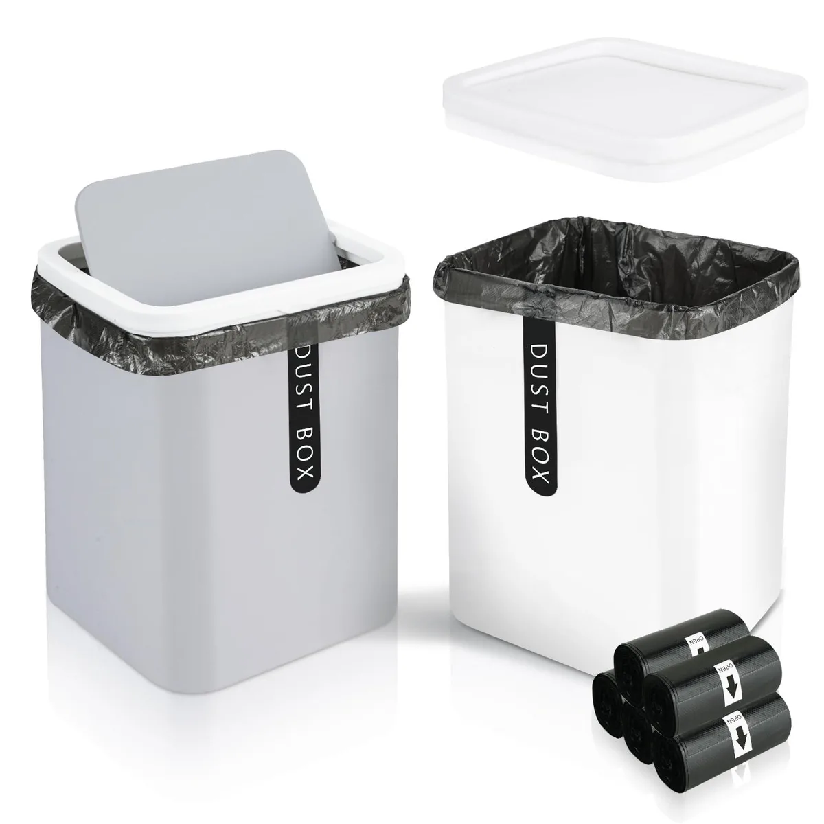 Two small plastic bins, white and grey, with swing lids