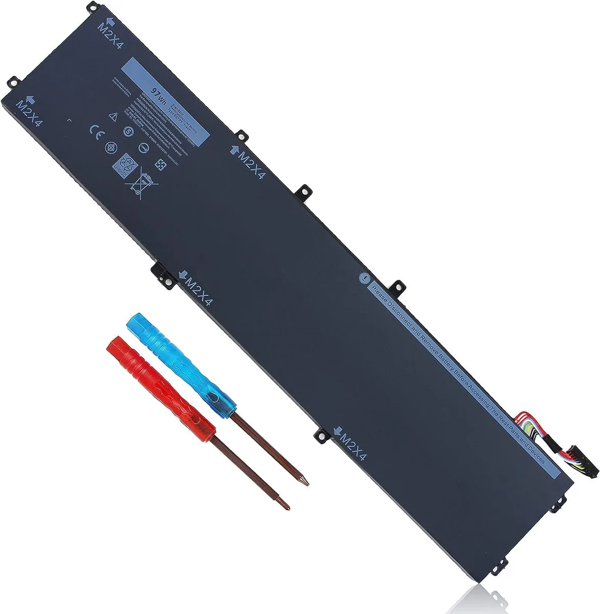 Black rectangular lithium-ion laptop battery with screwdrivers