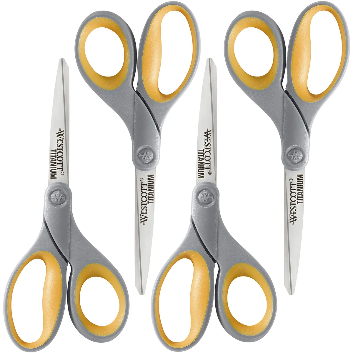 Four 8-inch titanium bonded scissors with gray blades and yellow soft handles