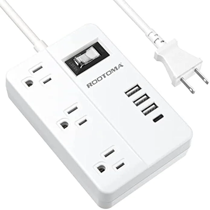 White 4ft extension cord with three AC outlets three USB-A ports and one USB-C port on a compact power strip