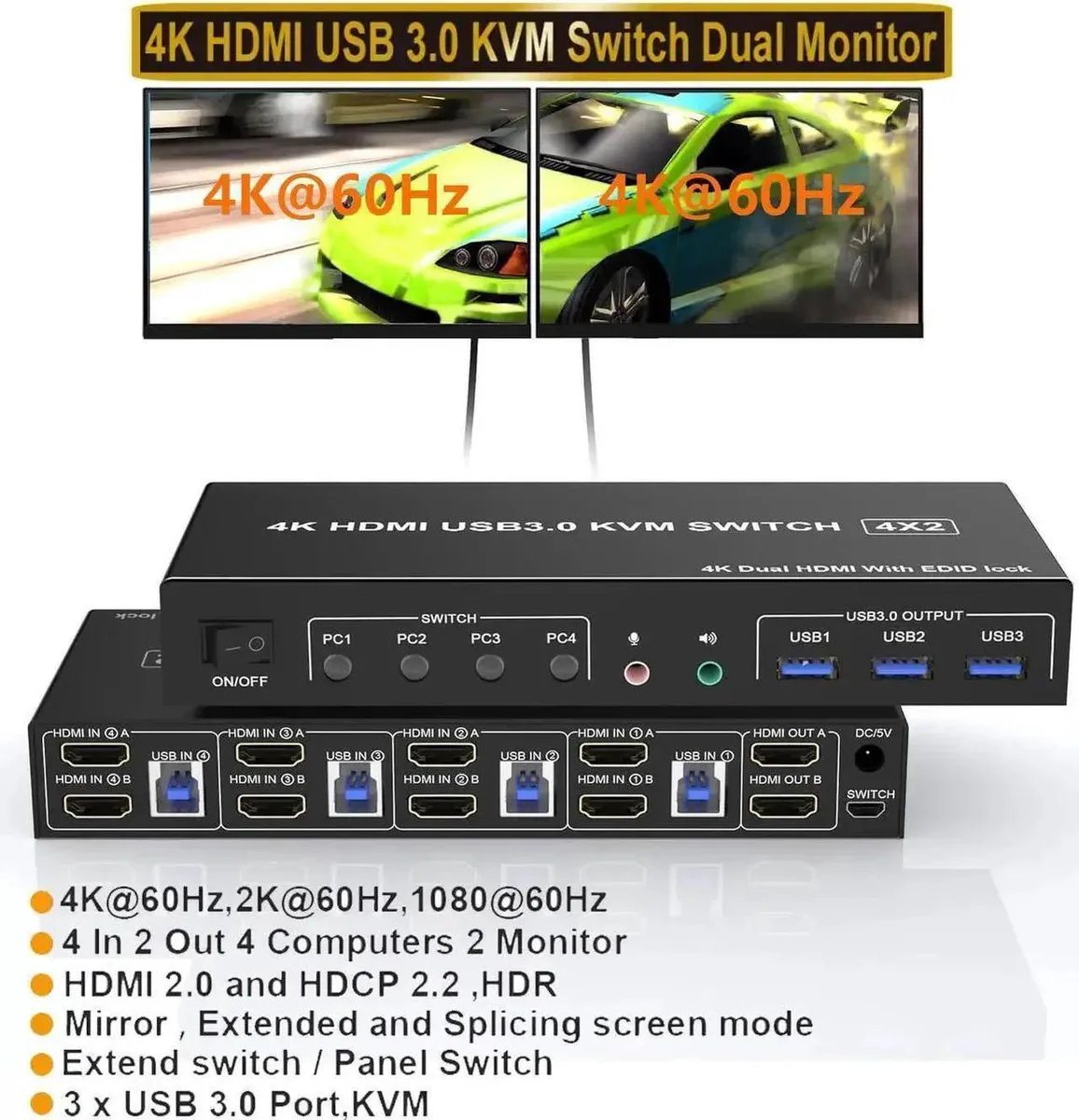 Vszerda Vszerda 4K@60Hz Dual Monitor HDMI KVM Switch 4 Computers 2 Monitors USB 3.0 — product photo