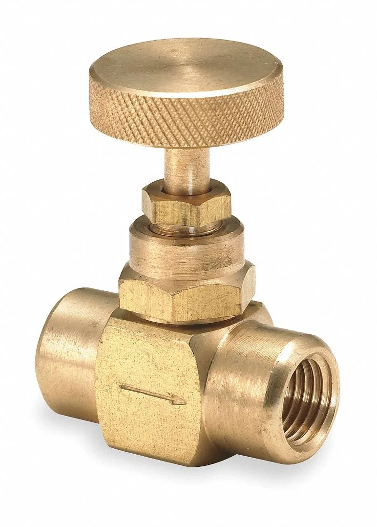 Small brass needle valve with 1/4 inch NPT ports