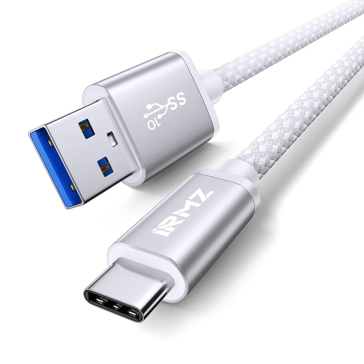 White USB-A to USB-C braided cable, three feet long, silver aluminium connectors
