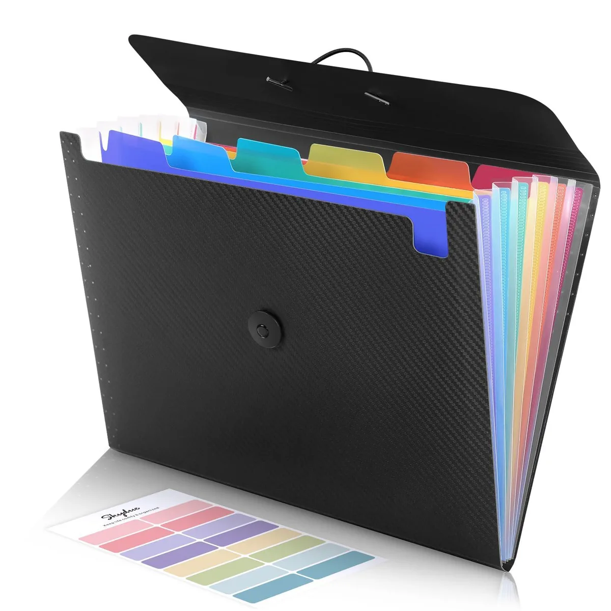 Black accordion file folder with seven pockets, slim polypropylene finish, top tab labels visible
