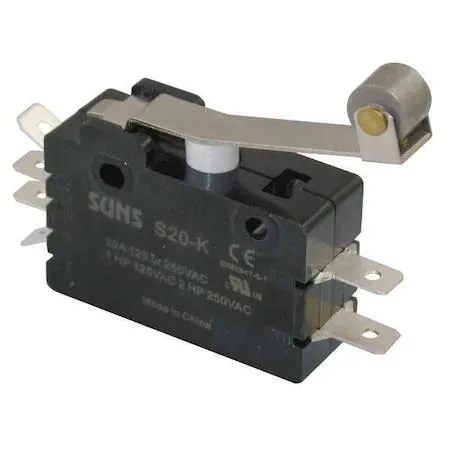 Small rectangular switch with silver hinge roller lever on side