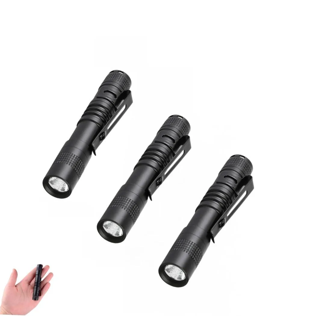 Three silver aluminium pen flashlights with pocket clips side by side