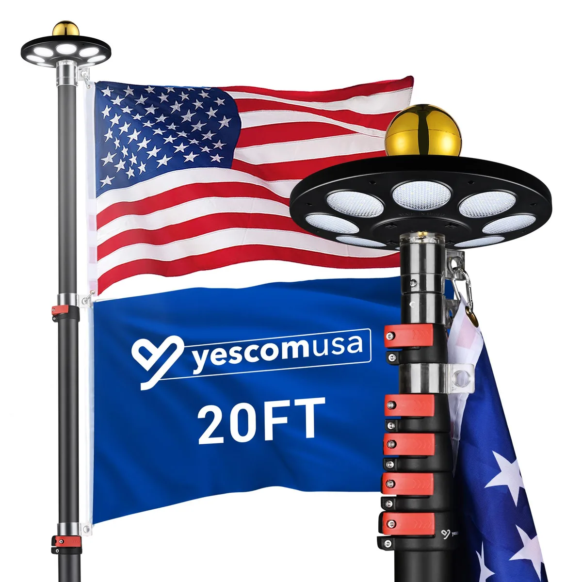 Yescom USA, Inc. Yescom USA, Inc. 20 ft Telescoping Flag Pole Kit with Solar LED Light, 3x5 ft US Flag, Black — product photo