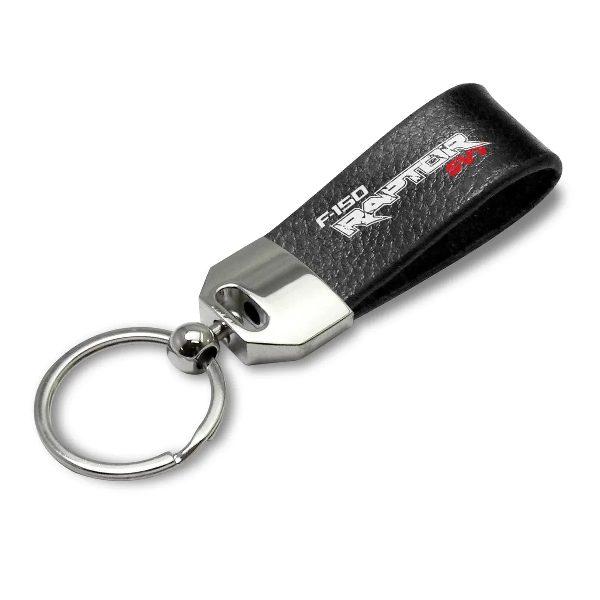 Black leather loop strap with Ford F-150 Raptor logo and chrome metal key ring block