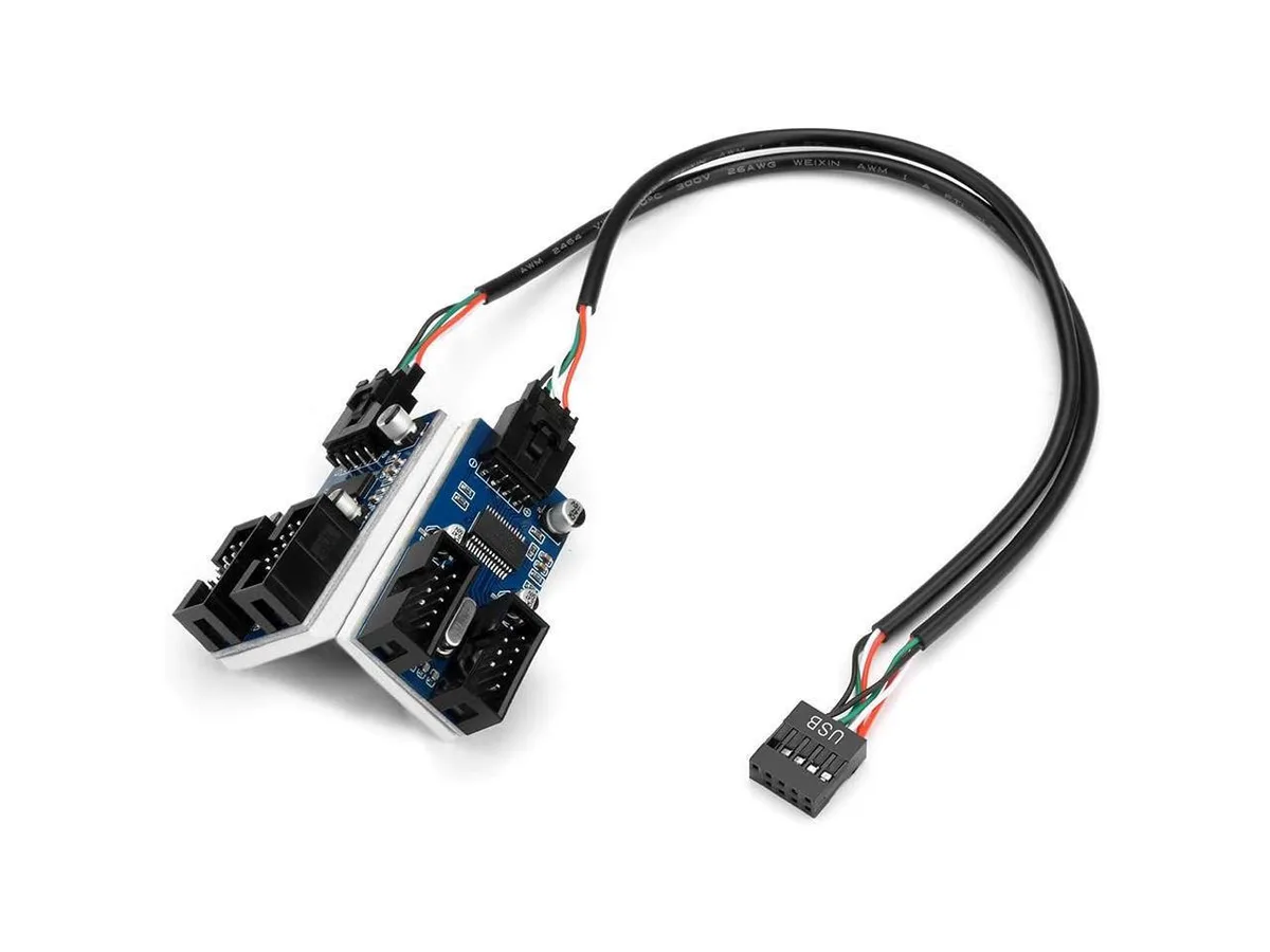 Black USB 2.0 9-pin header to four female ports splitter hub with 30cm internal cable