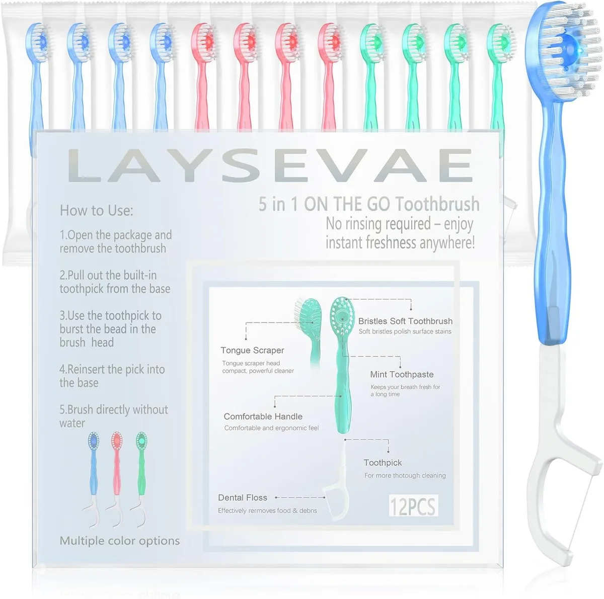Twelve individually wrapped mini toothbrushes with built-in floss pick and tongue scraper