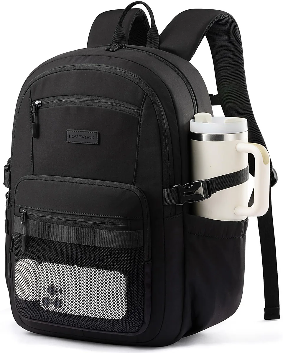 Black nylon laptop backpack with cup holder and mesh pocket