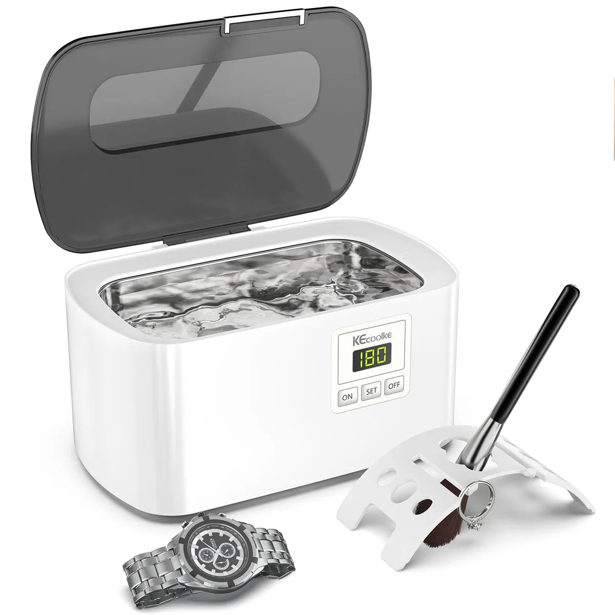 White rectangular ultrasonic cleaner with digital timer display and cleaning basket inside