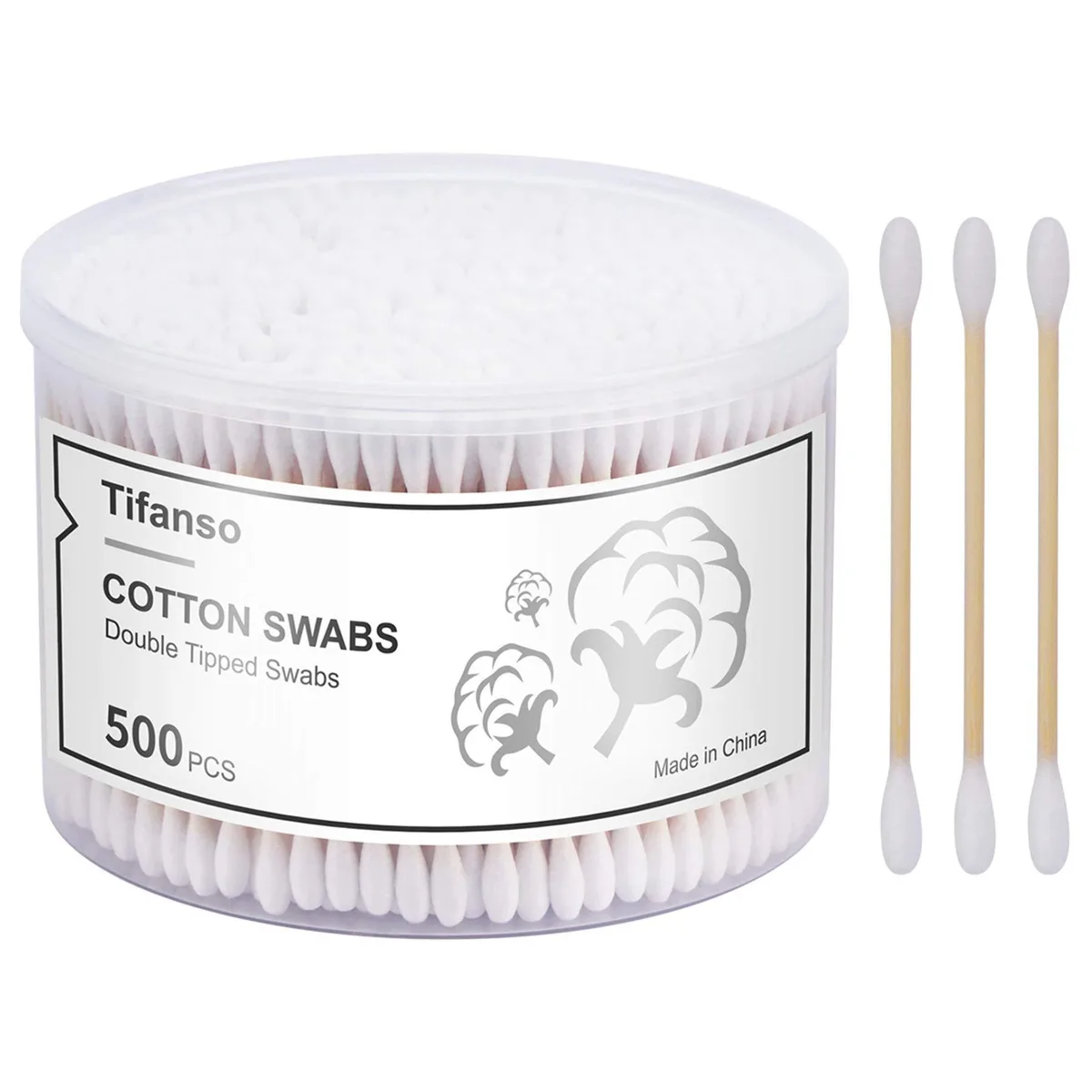 Clear box holding 500 white cotton swabs with wooden sticks and double rounded tips
