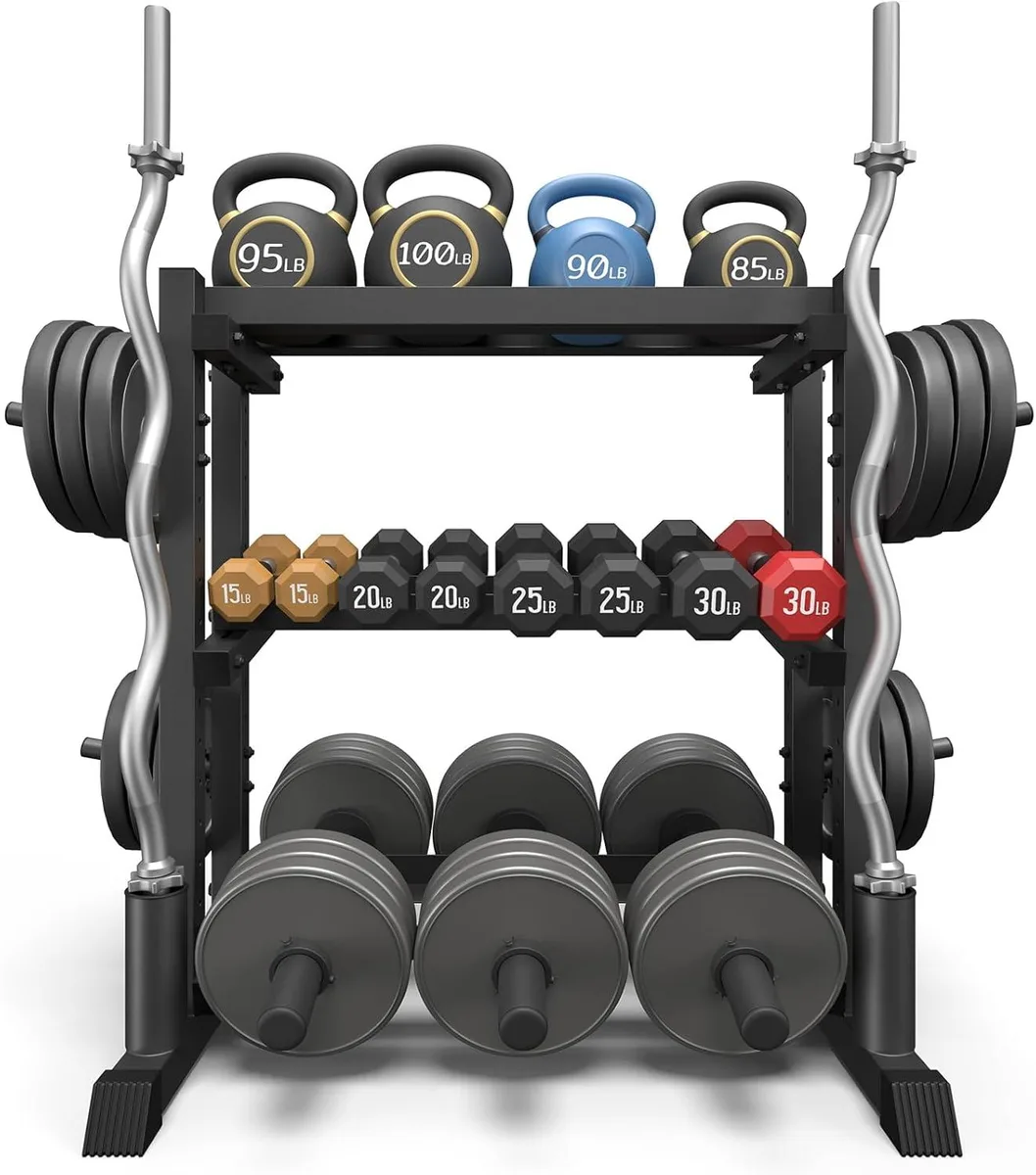 Three-tier H-frame steel dumbbell rack with powder-coated finish, adjustable shelves and bar spacing