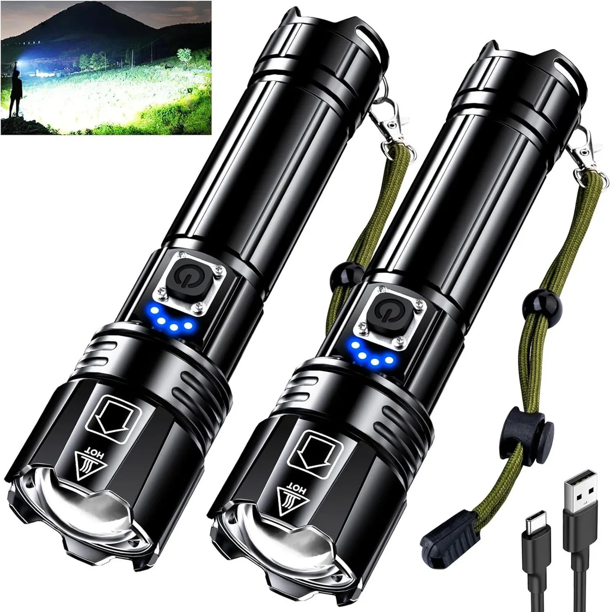 Black cylindrical flashlight with zoomable head and USB-C port