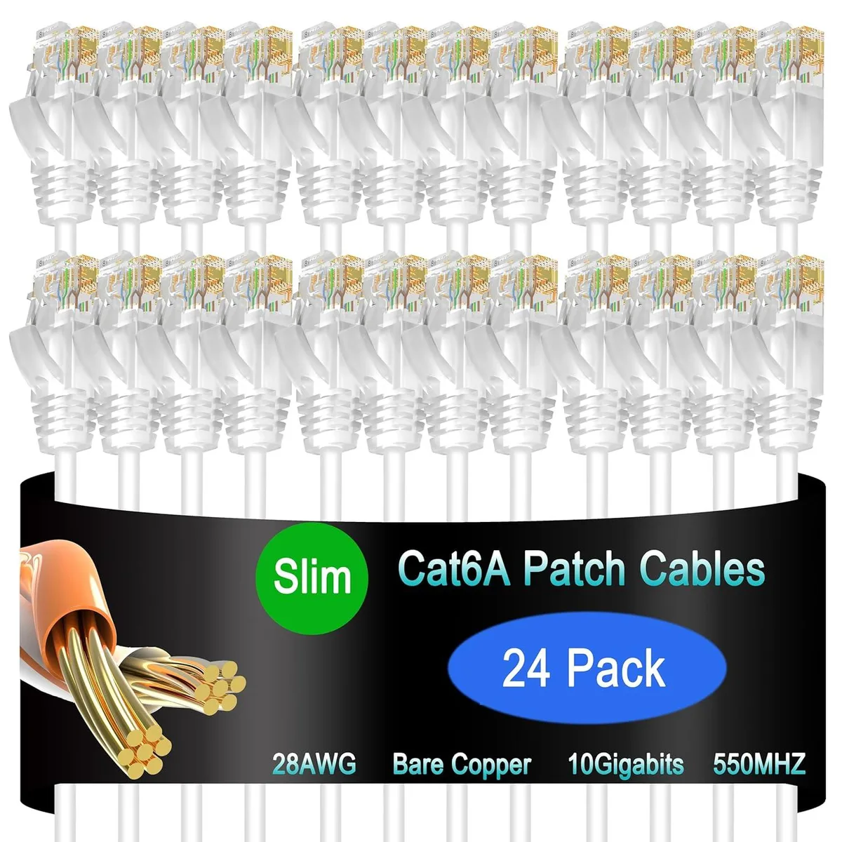 BFKK BFKK Cat6a Slim Ethernet Patch Cable 1.5 ft 24 Pack White — product photo