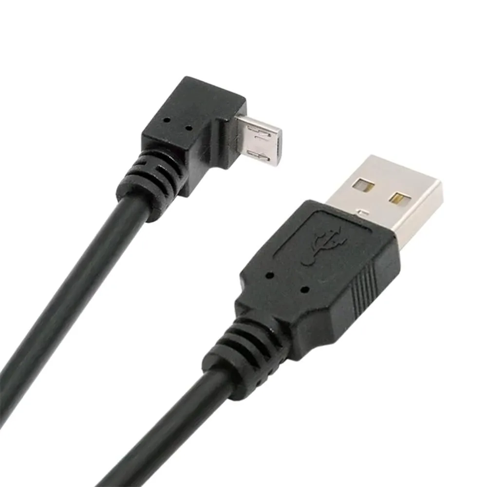 Short black cable with 90 degree Micro USB plug and standard USB A connector
