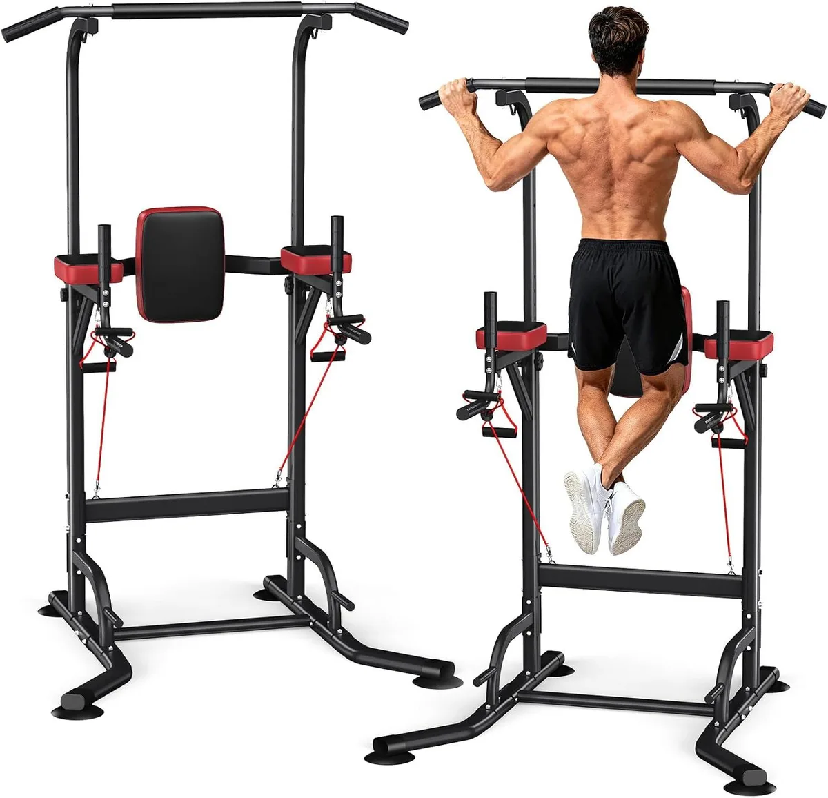 Freestanding steel power tower with H-base, multi-grip pull-up bar, dip bars and padded armrests