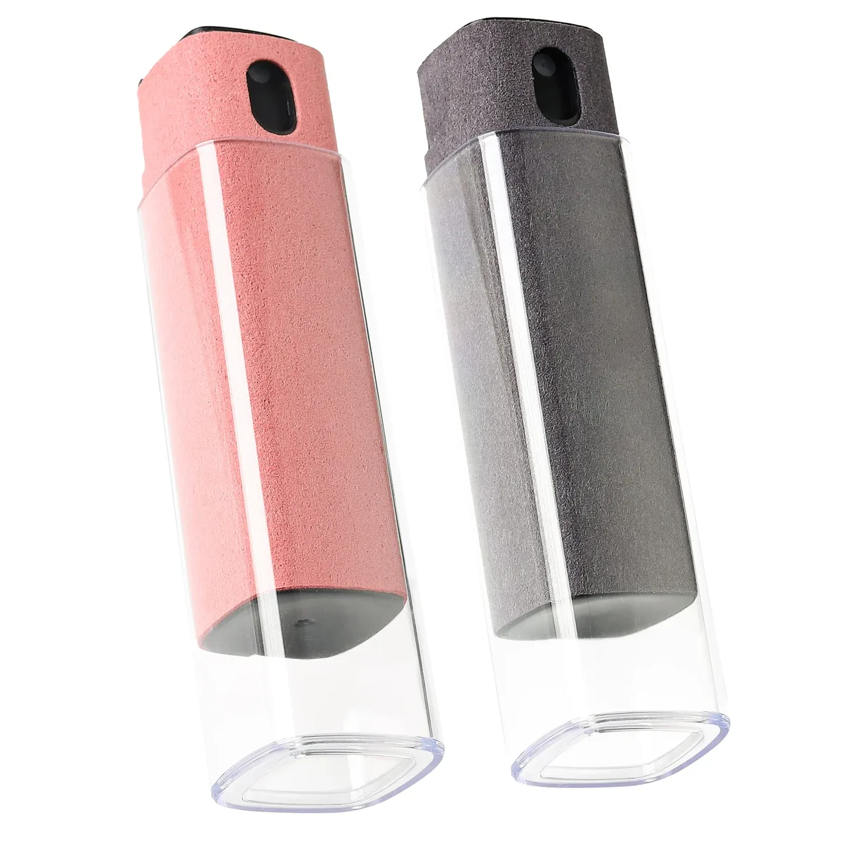 Compact grey and pink spray bottle with microfiber cloth, lipstick-sized for screens