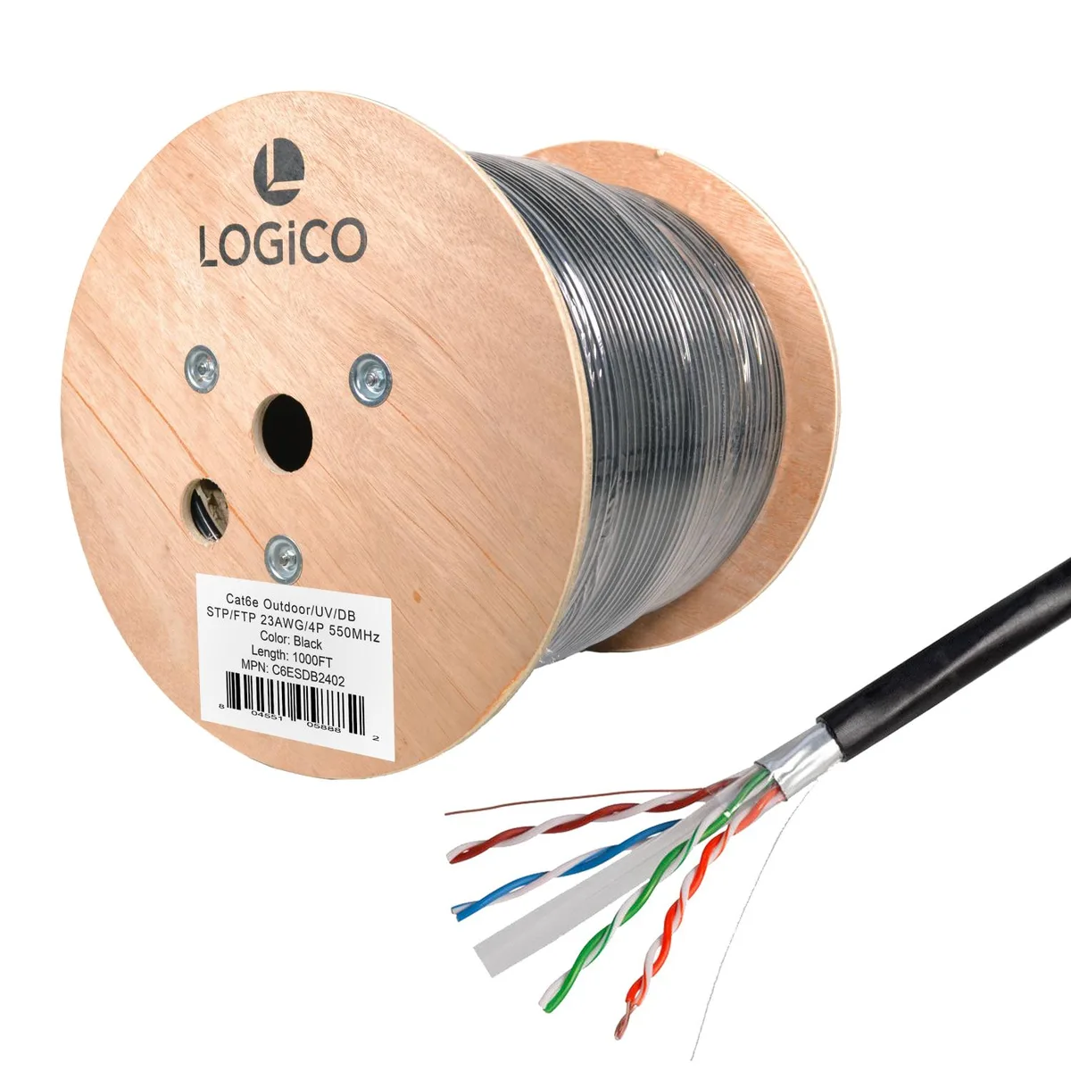 Logico Logico C6ESDB2402 Cat6e Shielded Outdoor Ethernet Cable 1000ft 23AWG Solid Bare Copper Black — product photo