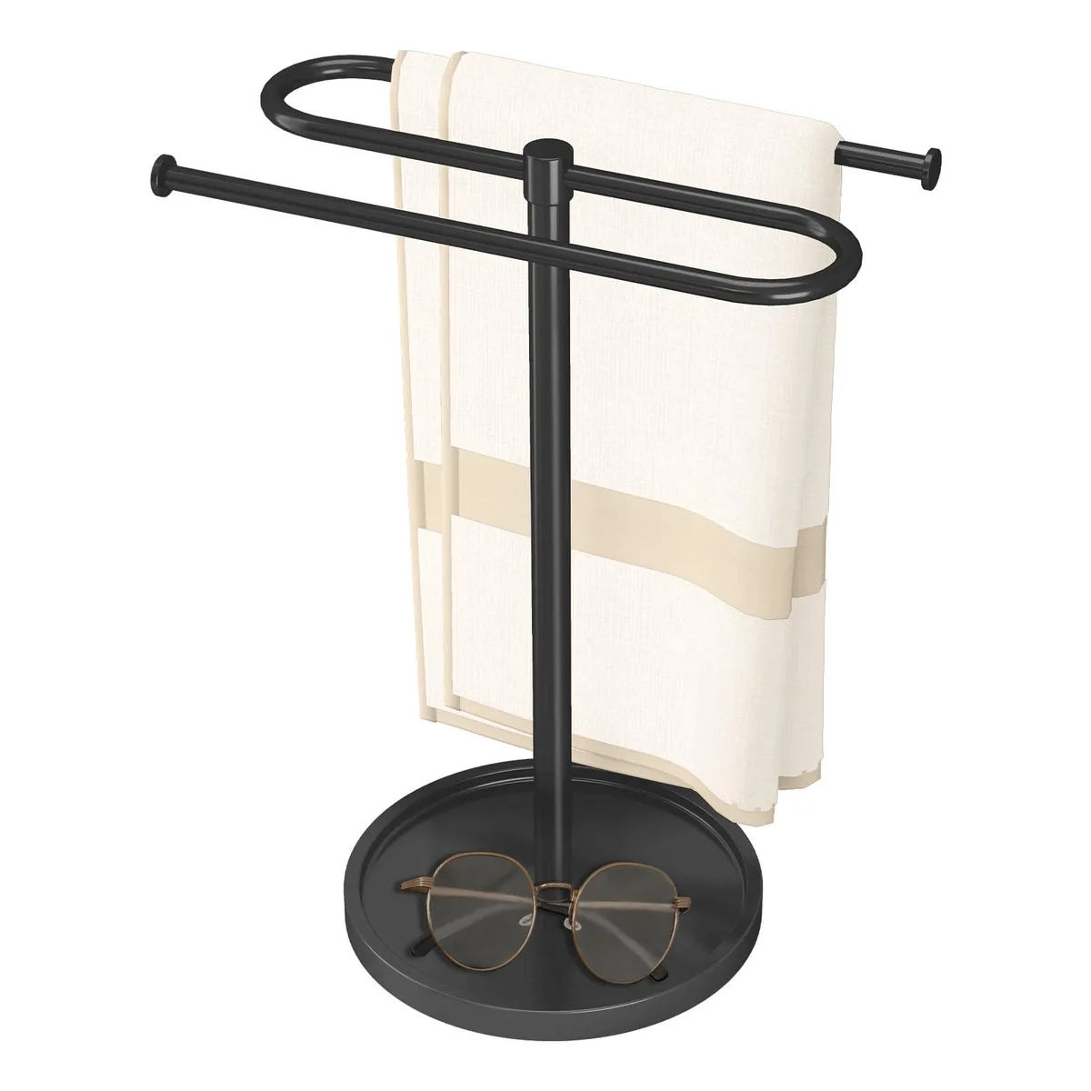 Black S-shaped towel stand with wide base and two bars