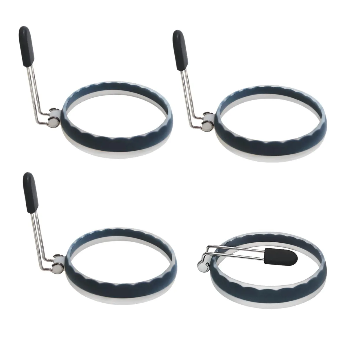 Four semi-black silicone egg rings, flexible round form, matte finish