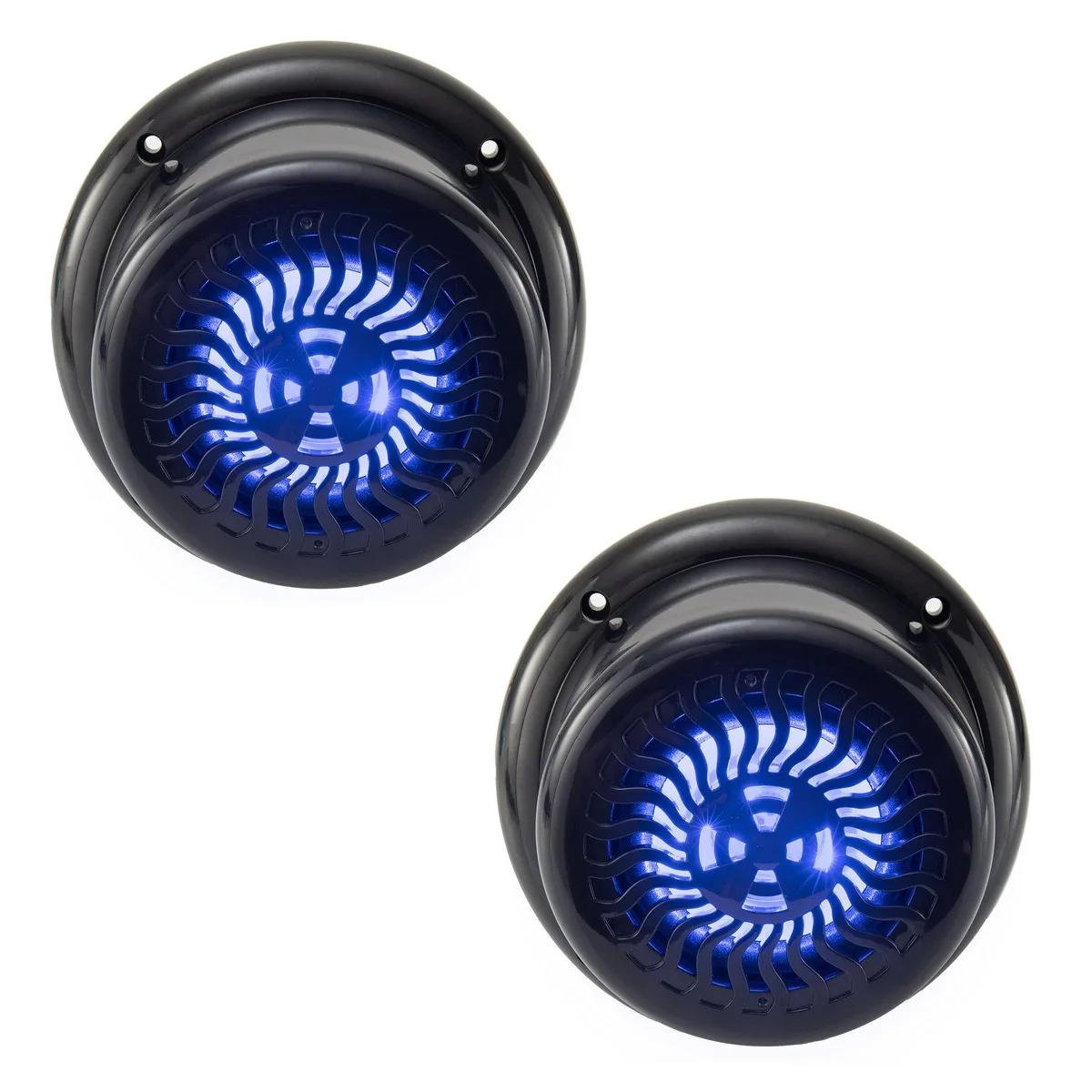 Two gloss black flush-mount speakers with wavy blue LED grilles, 5.25 inch, sold as a pair